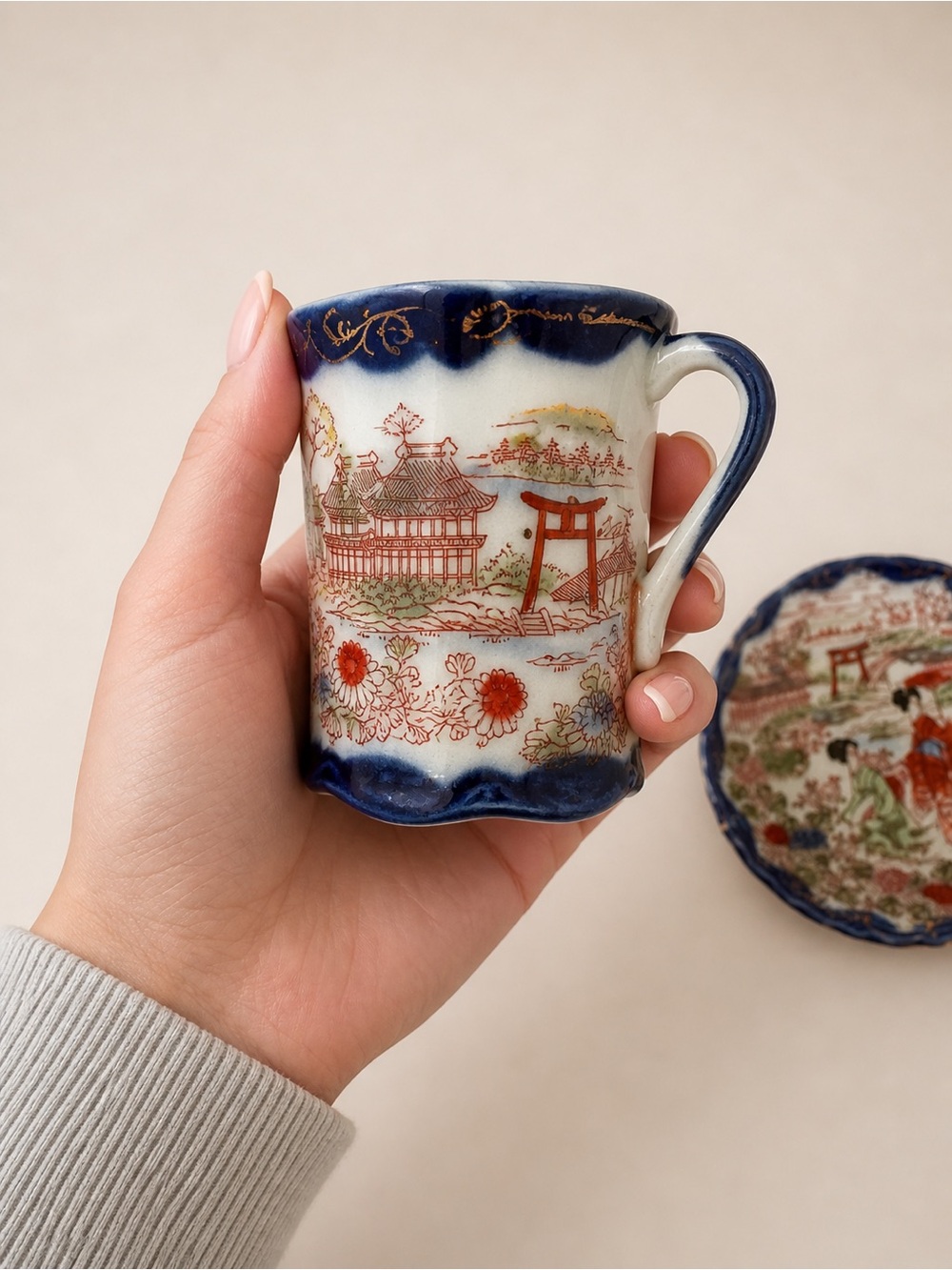 5 / $40 Vintage 1950s Japanese Geisha Tea Cup & Plate Porcelain Set Blue - Picture 4 of 5